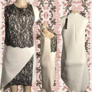 Robert Rodriquez 4 Black-Cream Lace Zip Back Asymmetrical Hem Sheath Dress